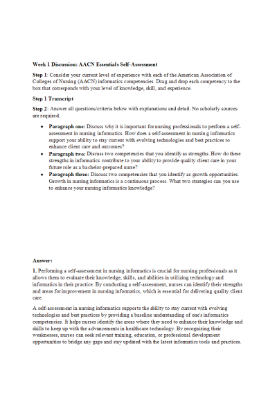 NR 361 Week 1 Discussion; AACN Essentials Self-Assessment