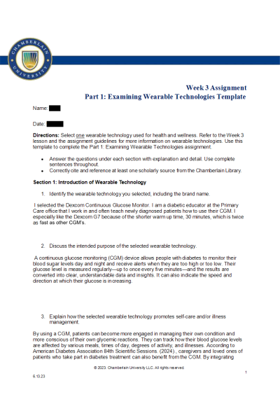 NR 361 Week 3 Assignment Part 1; Examining Wearable Technologies