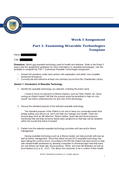 NR 361 Week 3 Assignment Part 1; Examining Wearable Technologies