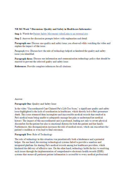 NR 361 Week 7 Discussion; Quality and Safety in Healthcare Informatics