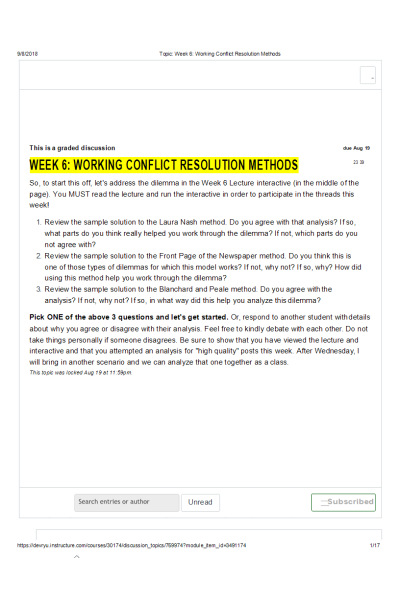 ETHC 445N Week 6 Discussion Topic 2; Working Conflict Resolution Methods