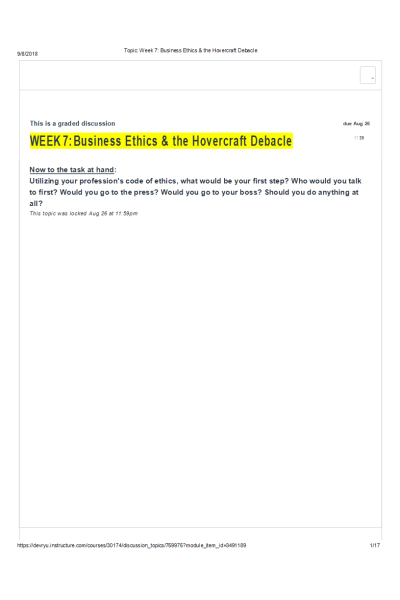 ETHC 445N Week 7 Discussion Topic 1; Business Ethics & the Hovercraft Debacle