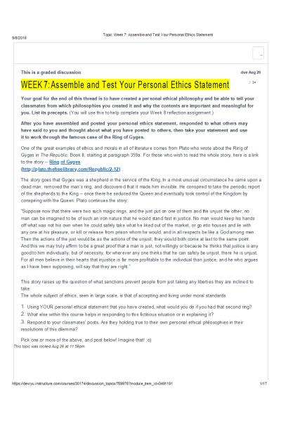 ETHC 445N Week 7 Discussion Topic 2; Assemble and Test Your Personal Ethics Statement