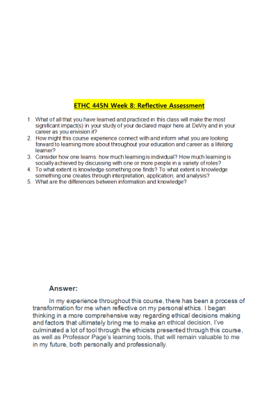ETHC 445N Week 8 Reflective Assessment