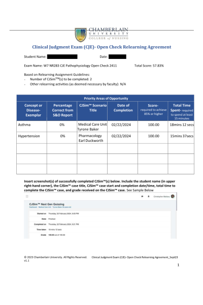 NR 283 Week 7 Pathophysiology Clinical Judgment Exam (CJE) Open Check