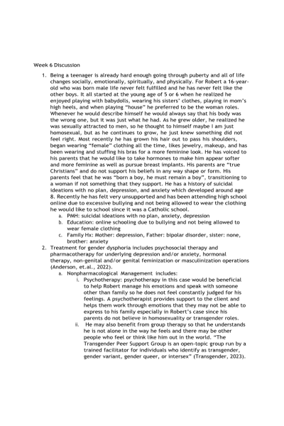 NR 606 Week 6 Case Study - Gender Dysphoria