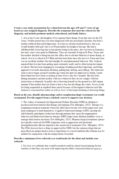 NR 606 Week 5 Discussion: ADHD Case Study - Ava is the 8-year-old daughter of two parents