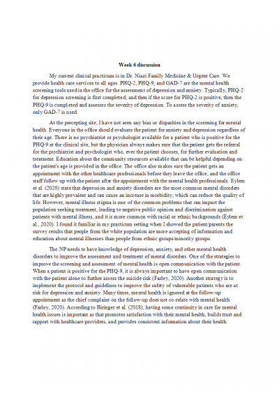 NR 601 Week 6 Discussion; Mental Helath Screening