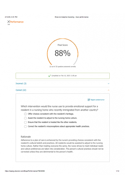xNR 222 Elsevier Adaptive Quizzing - Culture Answers