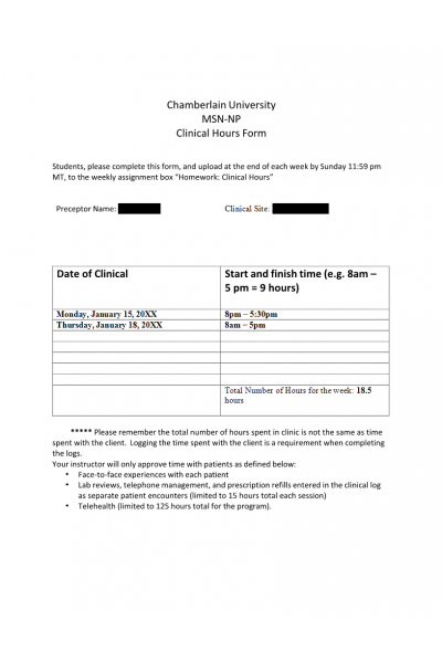 NR 667 Week 2 Homework; Clinical Hours