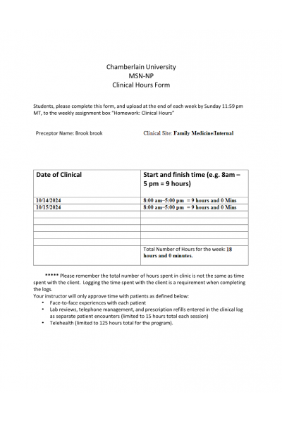 NR 667 Week 3 Homework; Clinical Hours