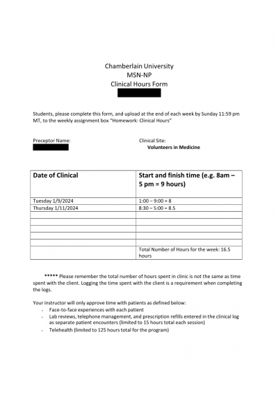 NR 602 Week 1 Assignment; Homework; Clinical Hours