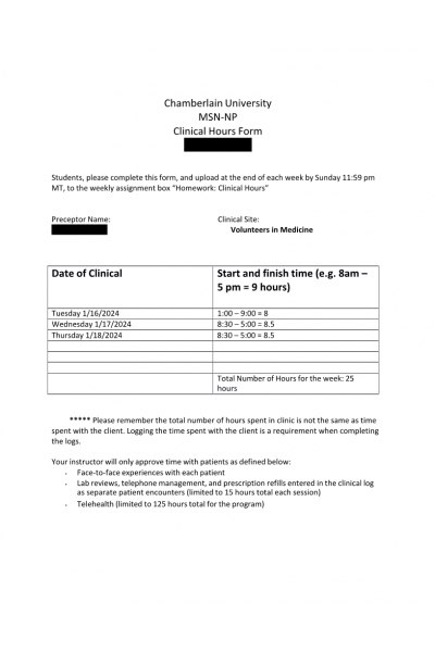 NR 602 Week 2 Assignment; Homework; Clinical Hours