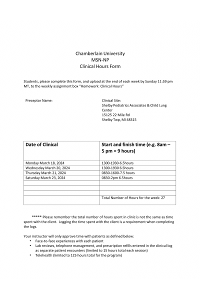 NR 602 Week 3 Assignment; Homework; Clinical Hours
