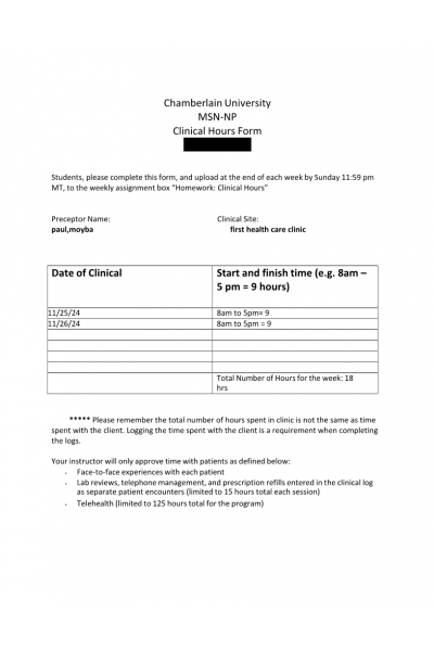 NR 602 Week 6 Assignment; Homework; Clinical Hours