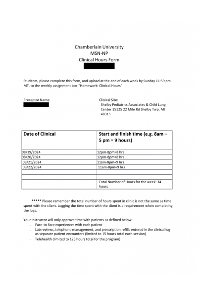 NR 602 Week 7 Assignment; Homework; Clinical Hours