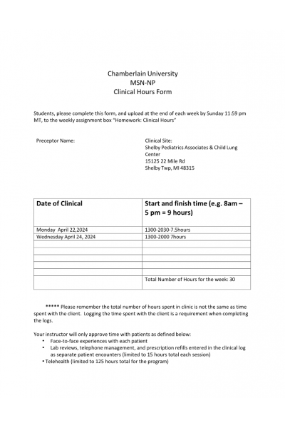 NR 602 Week 8 Assignment; Homework; Clinical Hours