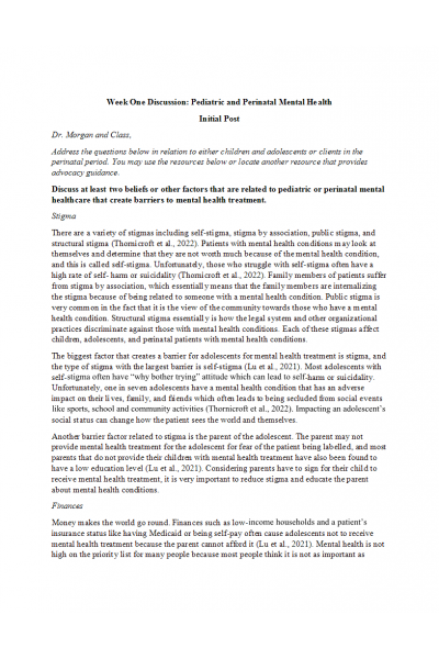 NR 606 Week 1 Discussion; Pediatric and Perinatal Mental Health