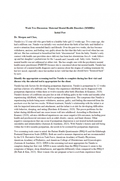 NR 606 Week 2 Discussion; Maternal Mental Health Disorders (MMHDs)
