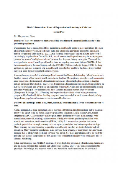 NR 606 Week 3 Discussion; Rates of Depression and Anxiety in Children