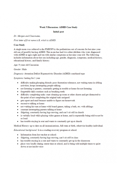 NR 606 Week 5 Discussion; ADHD Case Study