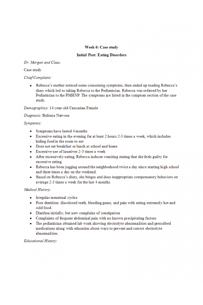 NR 606 Week 6 Case Study; Eating Disorders