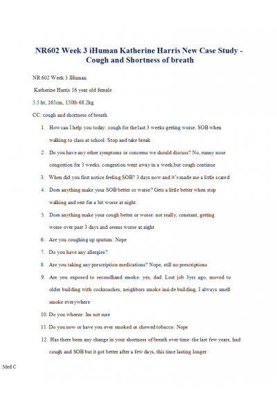 NR 602 Week 3 IHuman Case Katherine Harris -Cough and Shortness of breath