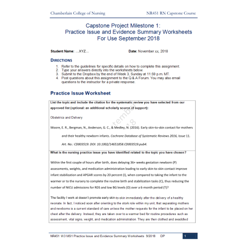 NR 451 Week 3 Capstone Project Milestone 1: Practice Issue and Evidence Summary Guidelines Set 2